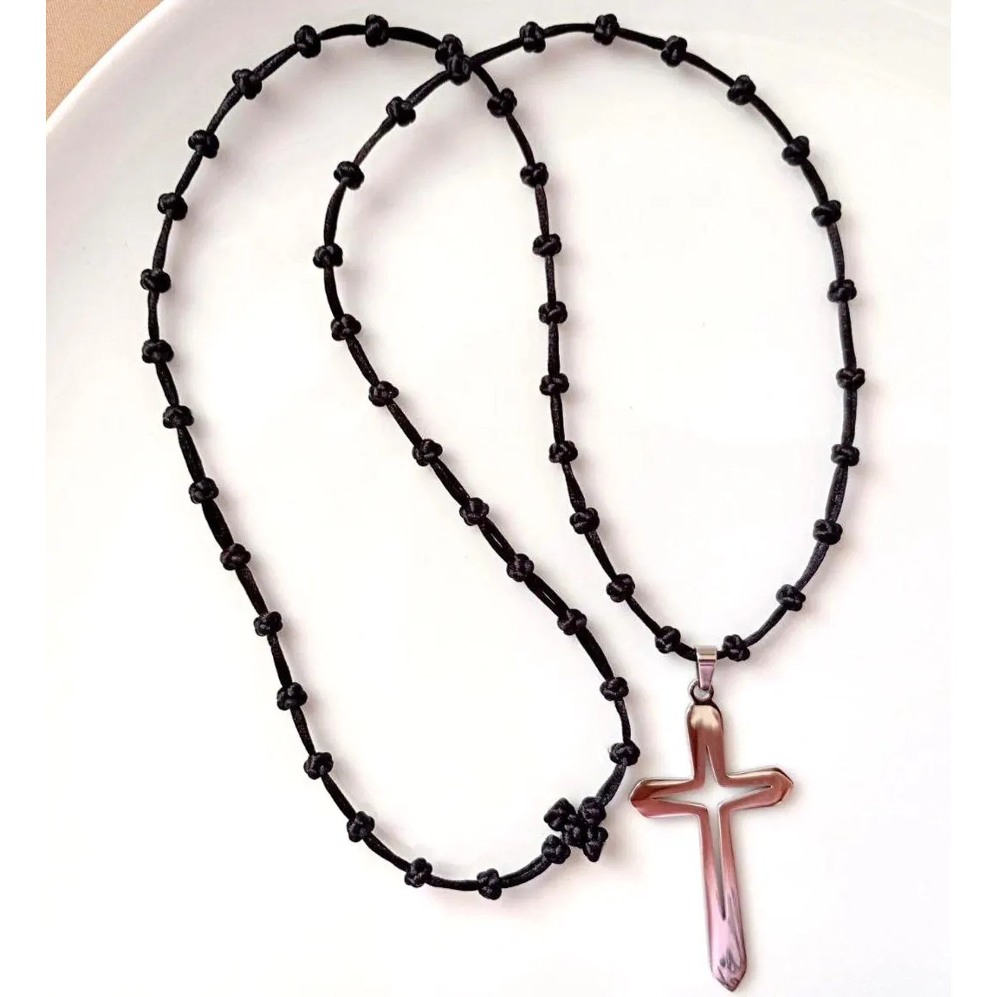 Black Orthodox Prayer Rope, 50 Knot Cross Necklace, Christian Prayer Necklace, Greek Orthodox Komboskini, Stainless Steel Cross, Unisex Gift